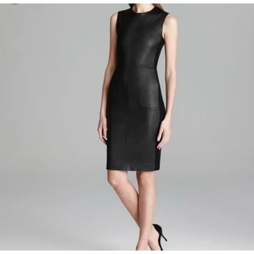 VINCE 100% LEATHER SLEEVELESS SHEATH DRESS-KNEE LENGHT, SIZE 2